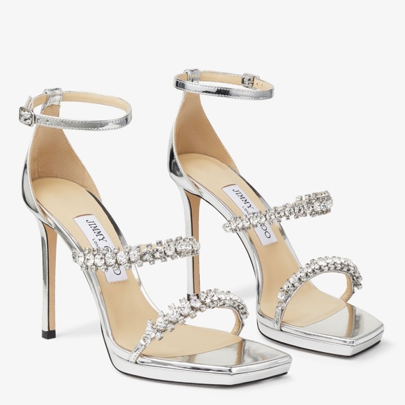 Jimmy Choo Silver 105mm Crystal Embellished Bing Sandals / Heels US9/IT39 - Picture 6 of 12